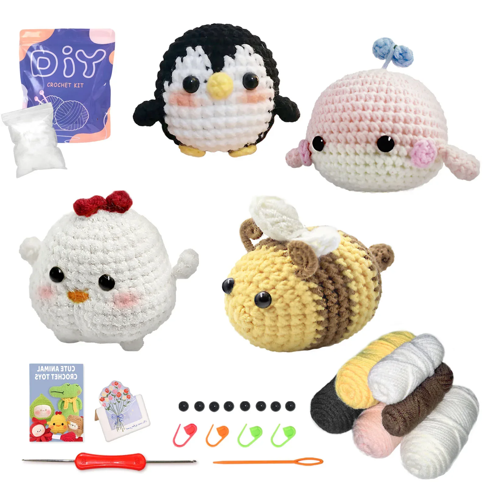 Kit 4 Amigurumis: Pinguim, Baleia, Galinha e Abelha