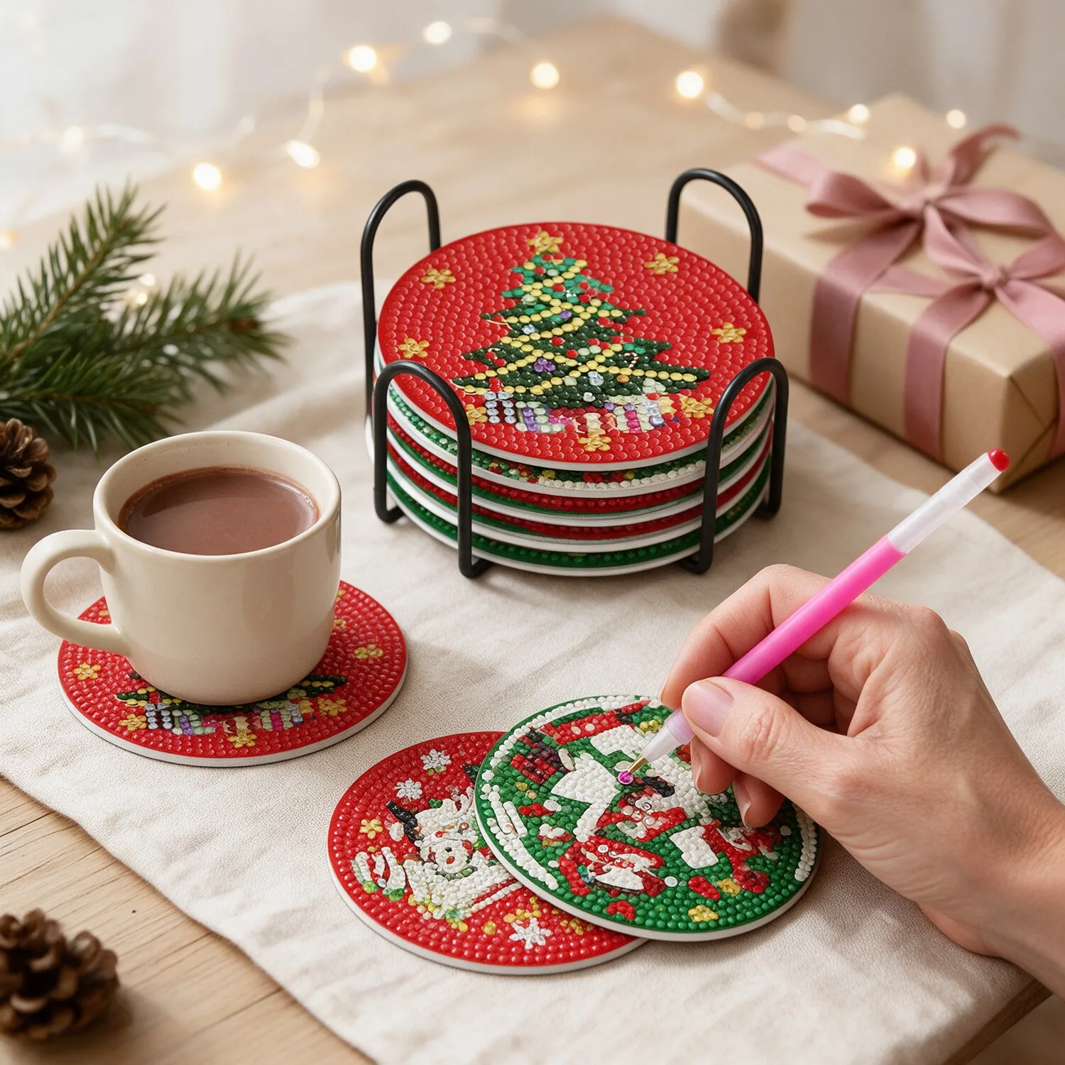 Kit 10 Porta-Copos de Natal com Pintura de Diamantes + Suporte