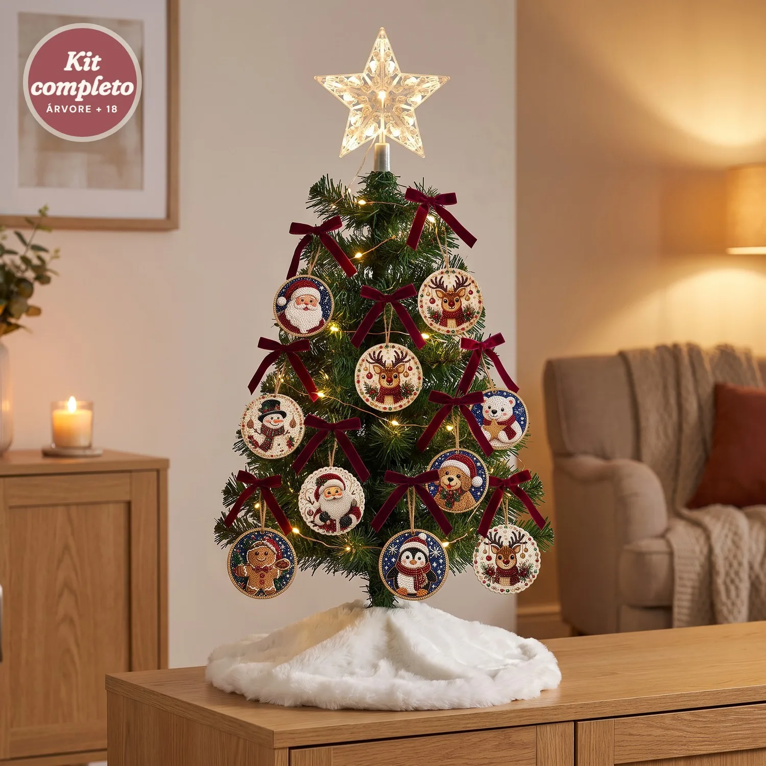 Kit Mini Árvore de Natal da Vovó + 18 Enfeites com Pintura de Diamantes