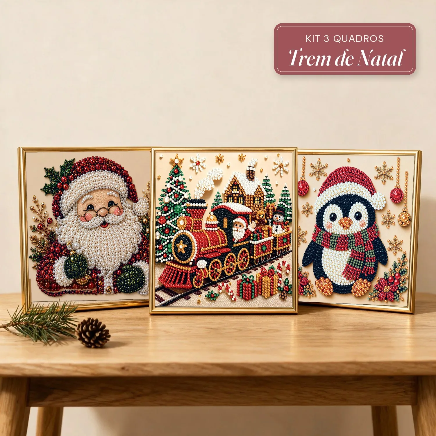 Kit 3 Quadros Trem de Natal com Pérolas e Diamantes (Trem, Papai Noel e Pinguim)