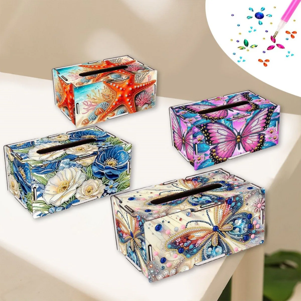 Kit 4 Porta-Lenços Jardim e Mar com Pintura de Diamantes (Rosas Azuis, Estrela-do-Mar e Borboletas)