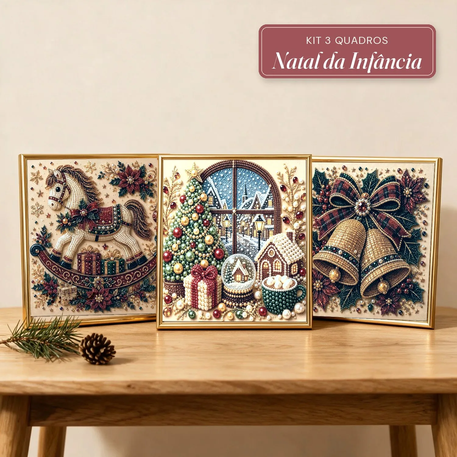 Kit 3 Quadros de Natal da Infância com Pérolas e Diamantes (Cavalinho de Balanço, Janela de Natal e Sinos)