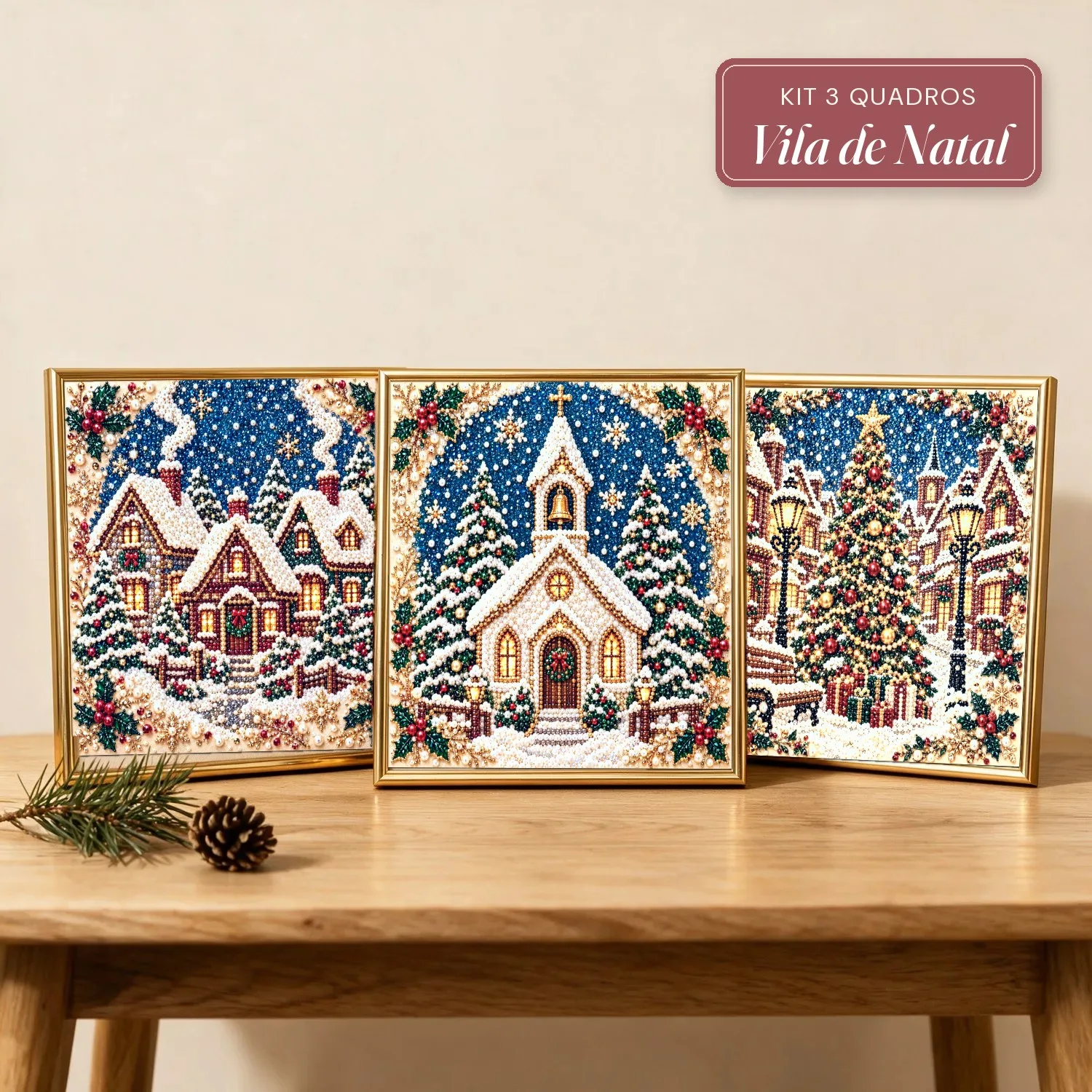 Kit 3 Quadros Vila de Natal com Pérolas e Diamantes (Casinhas Nevadas, Igrejinha e Pracinha)