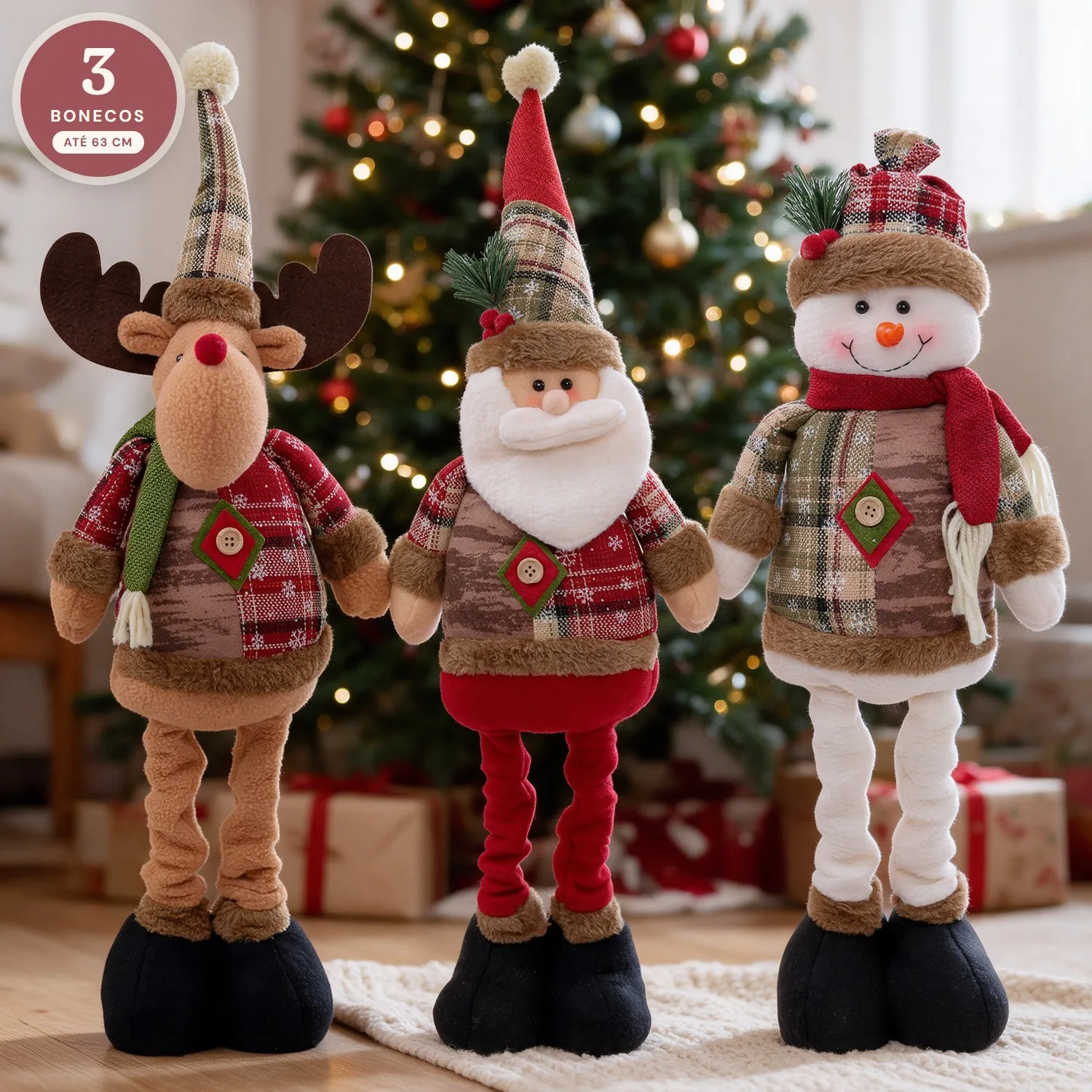 Kit 3 Bonecos de Natal de Pernas Longas (Papai Noel, Boneco de Neve e Rena)