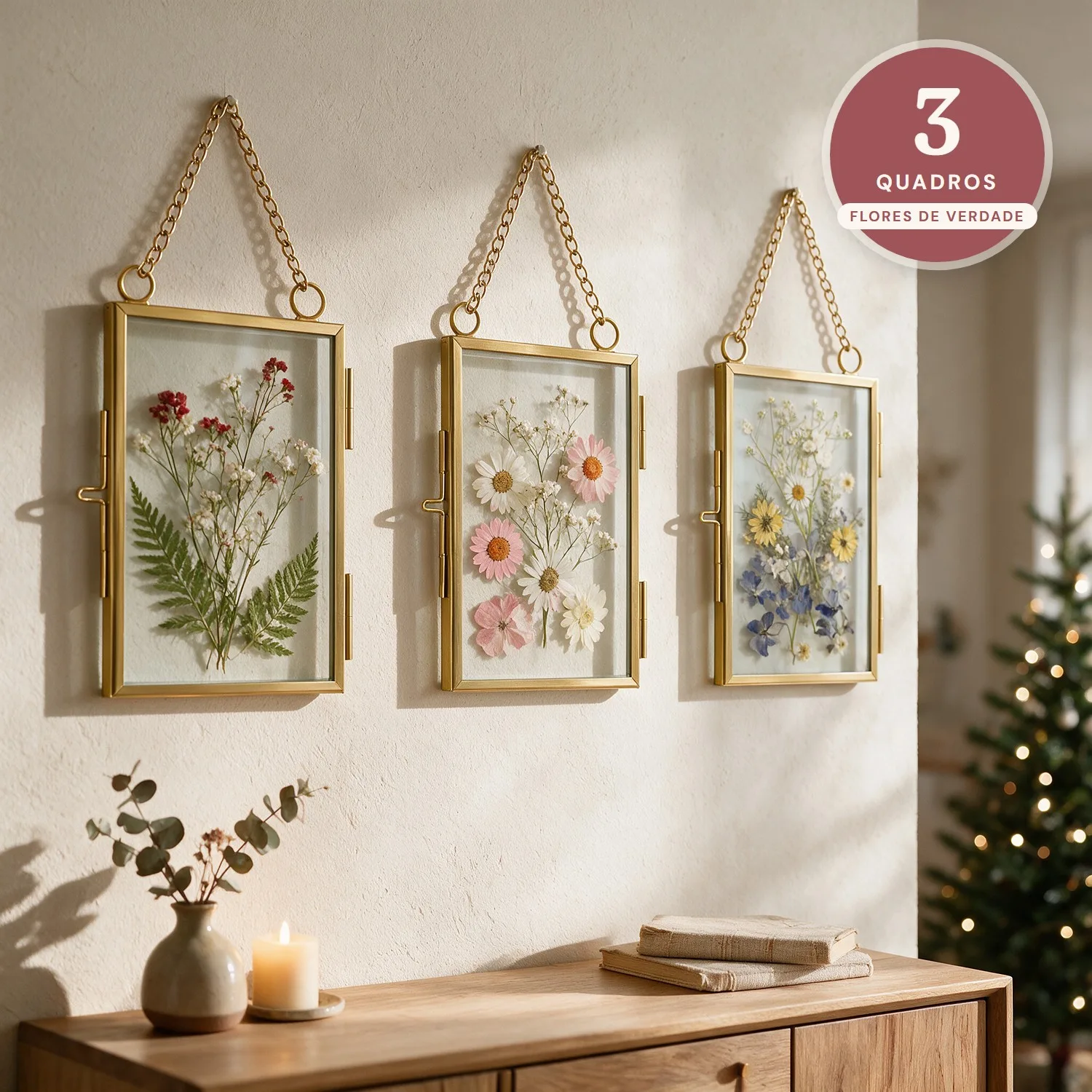 Kit 3 Quadros de Flores Prensadas com Moldura de Vidro Dourada