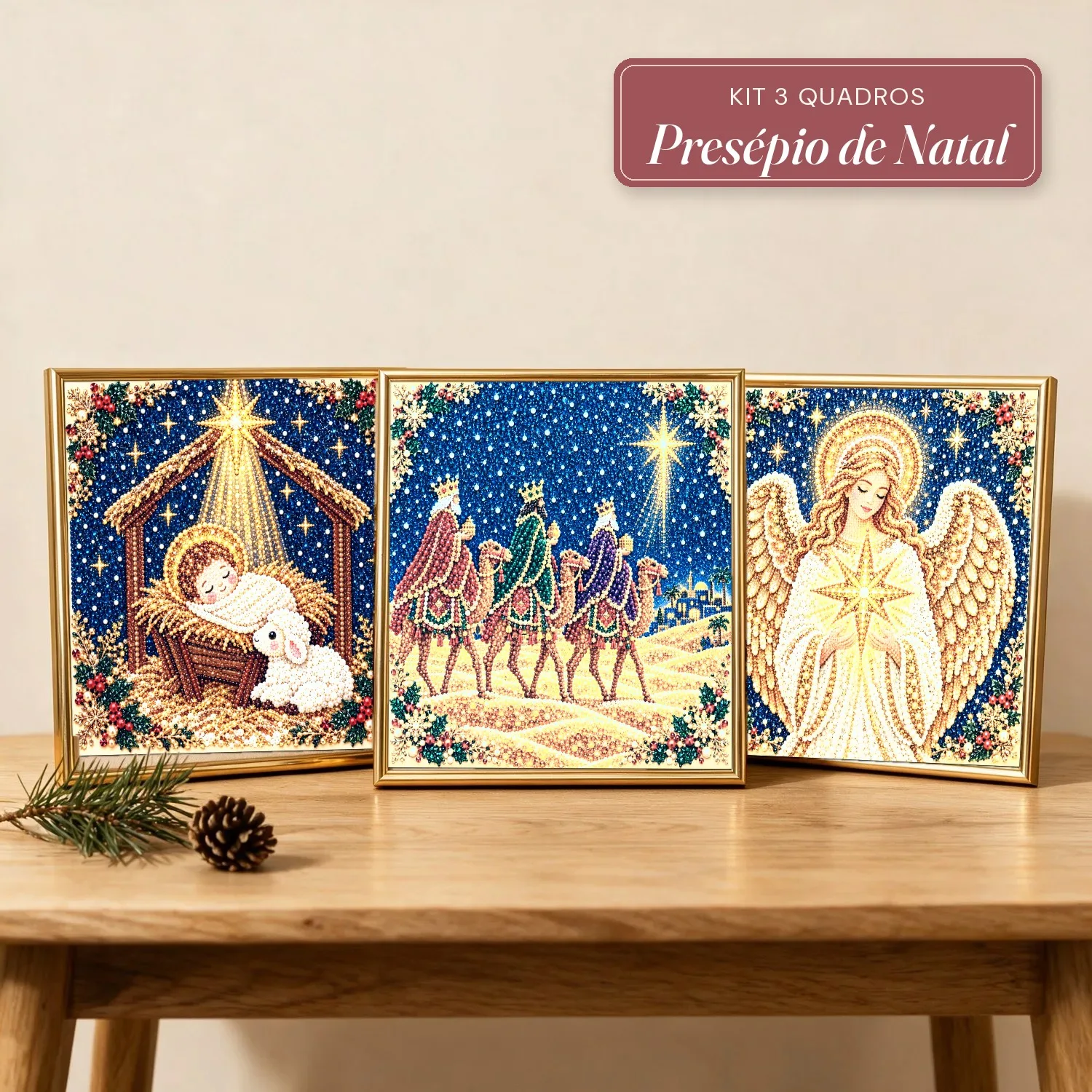 Kit 3 Quadros Presépio de Natal com Pérolas e Diamantes (Menino Jesus na Manjedoura, Três Reis Magos e Anjo da Estrela)