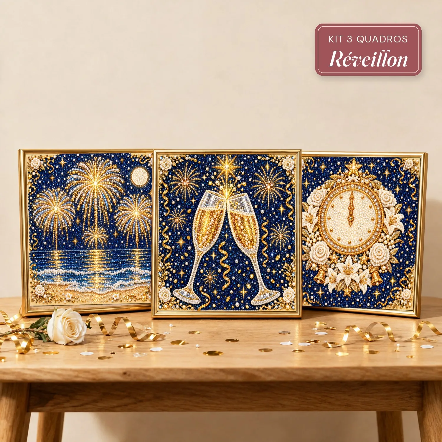 Kit 3 Quadros Réveillon com Pérolas e Diamantes (Fogos no Mar, Brinde da Meia-Noite e Relógio da Virada)